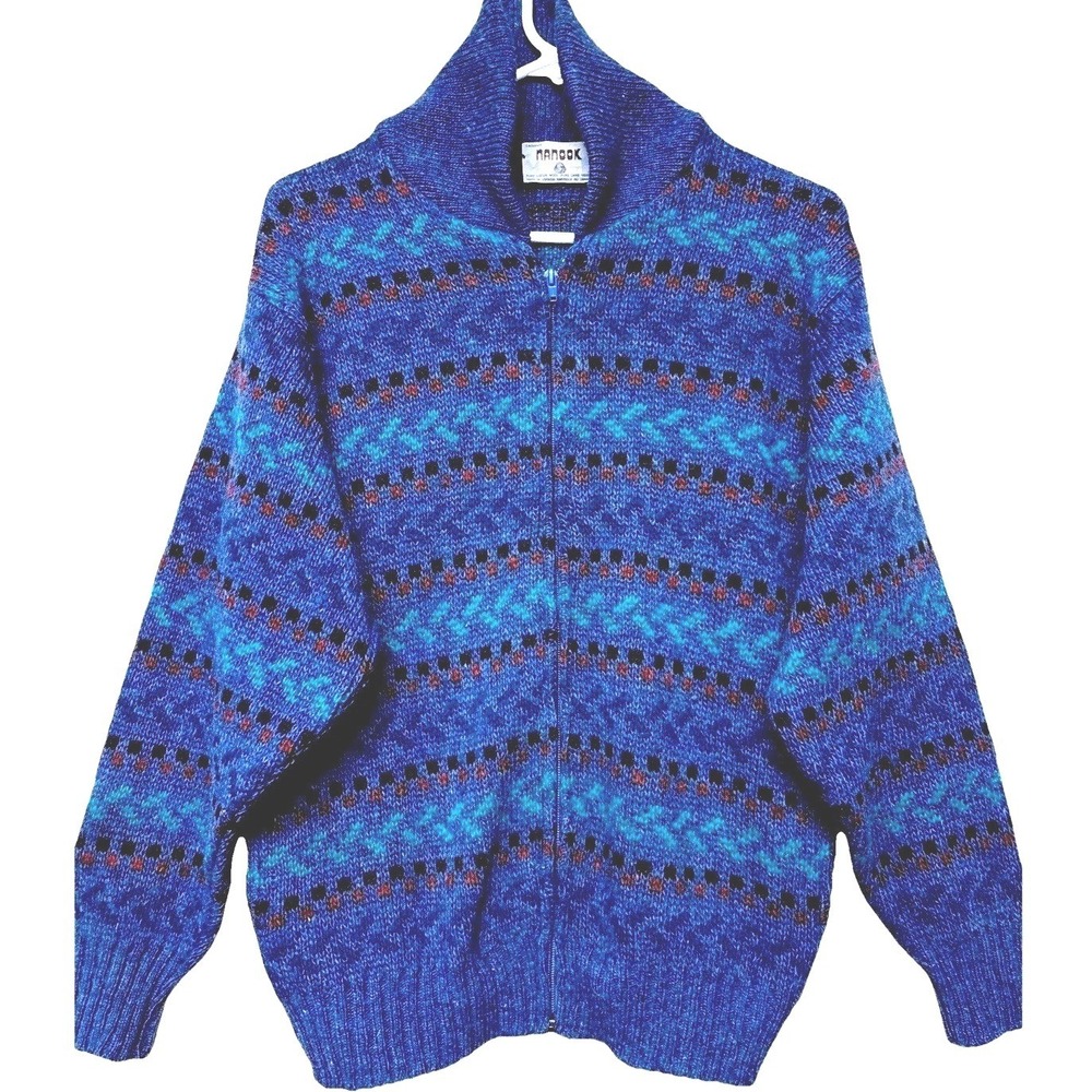 Nanook Virgin Wool Full Zip Sweater Mens S/P Blue Fair Isle Shawl Collar